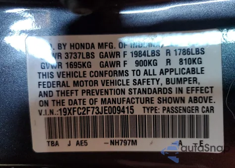 2018 Honda Civic Ex z USA, uszkodzony, nr VIN 19XFC2F73JE009415